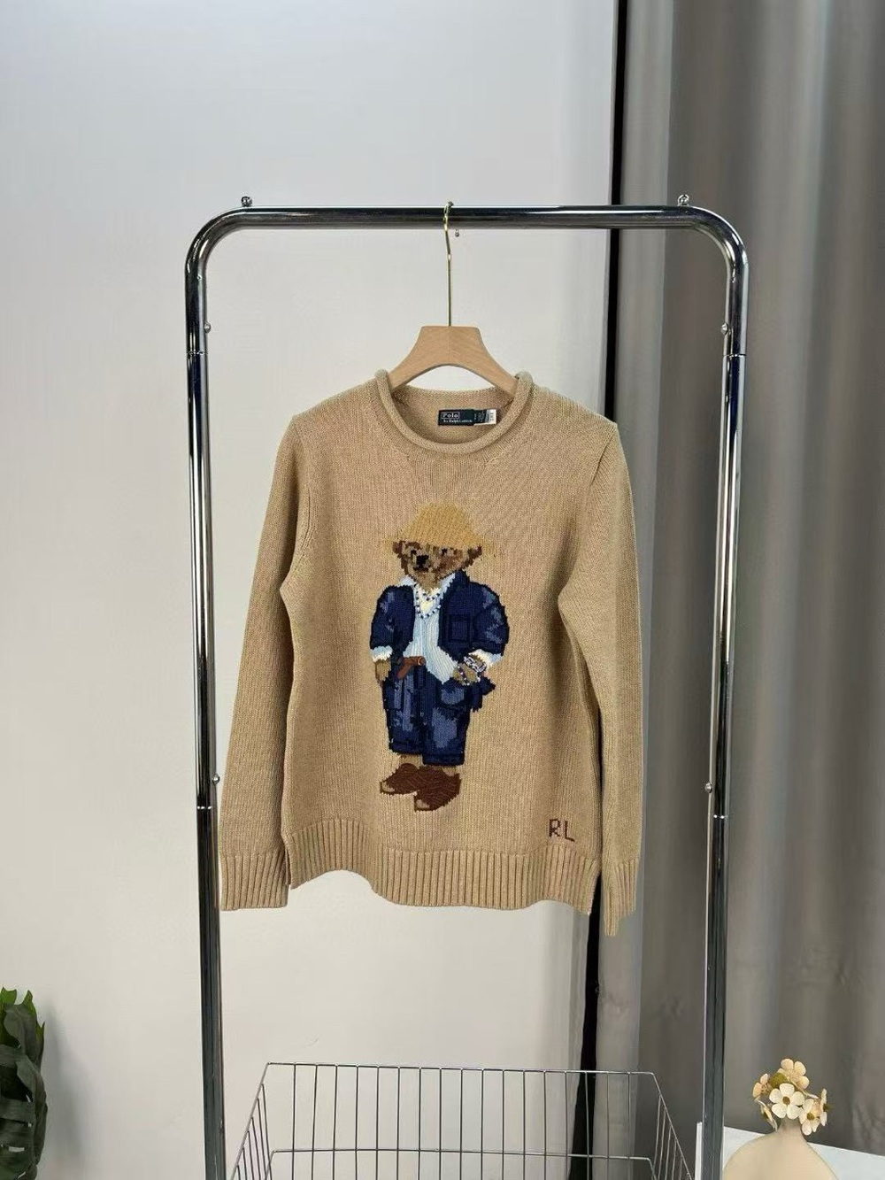 Ralph Lauren Tan Crewneck Sweater with Bear Intarsia